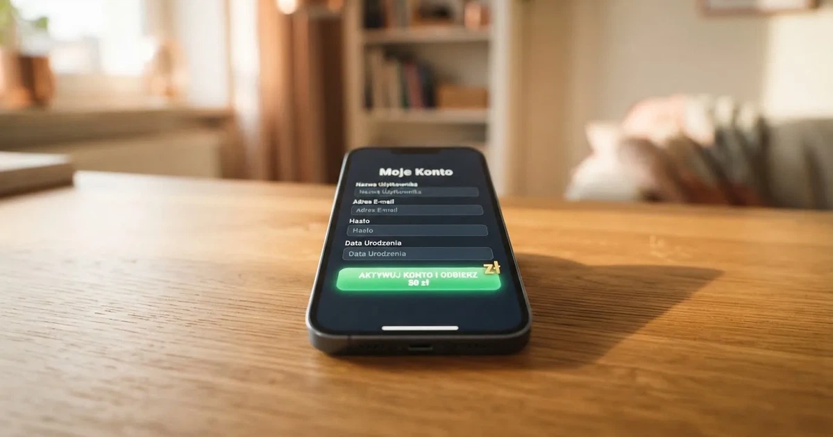 Smartfon z otwartym formularzem zakładania konta gracza i zakładką aktywacji środków bonusowych w sekcji Moje Konto