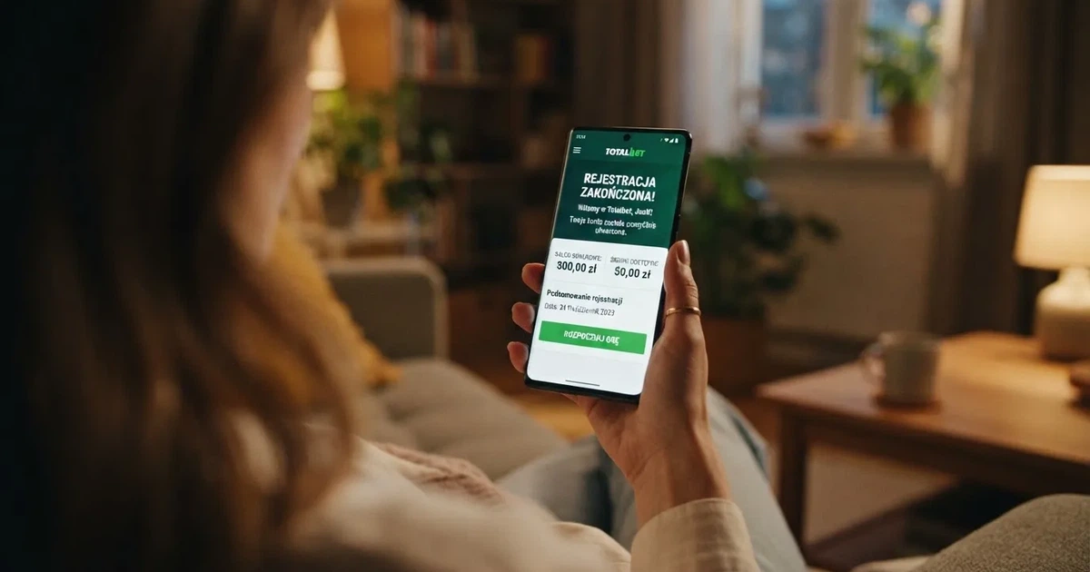 Ekran smartfona z ukończonym formularzem rejestracji konta gracza i saldem środków bonusowych obok salda Dostępne Środki