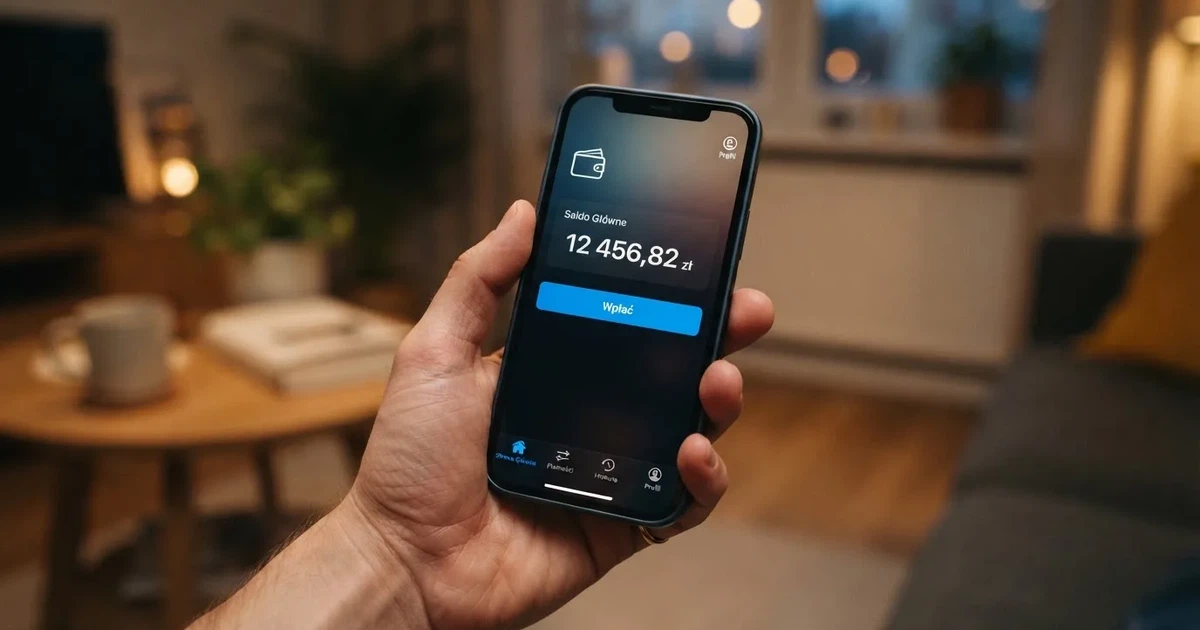 Dłoń trzymająca smartfon z otwartym ekranem salda konta gracza i przyciskiem wpłaty na ePortfel