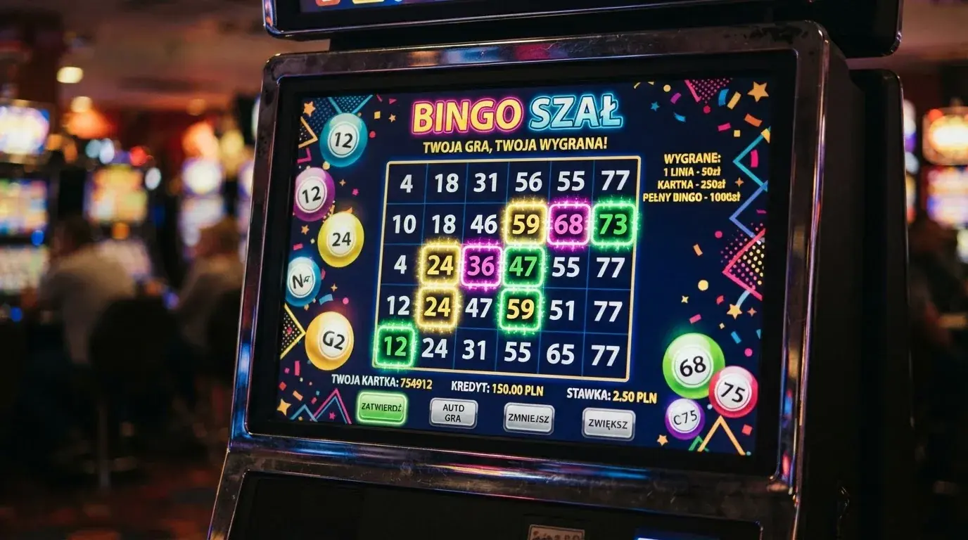 Ekran automatu do gry z kolorową planszą w stylu bingo i podświetlonymi liczbami
