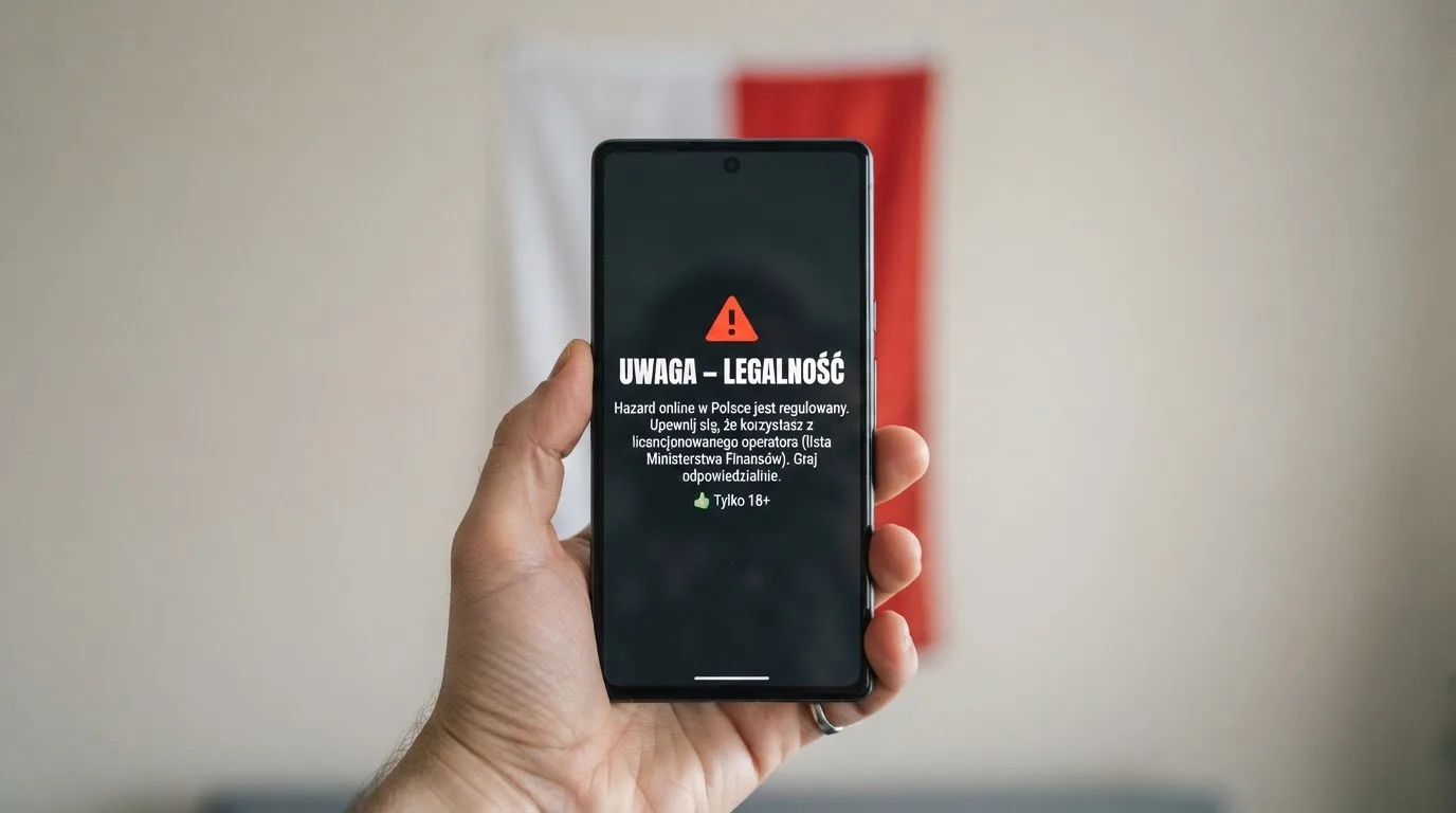Dłoń trzymająca telefon z widocznym komunikatem ostrzegawczym o legalności hazardu online na tle biało-czerwonej flagi Polski.