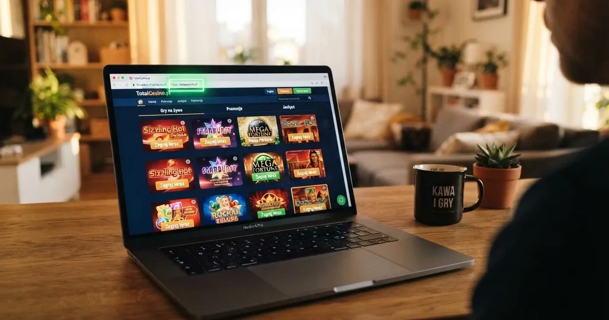 Laptop na biurku z otwartą stroną kasyna internetowego i ikoną kłódki szyfrowania w pasku adresu przeglądarki