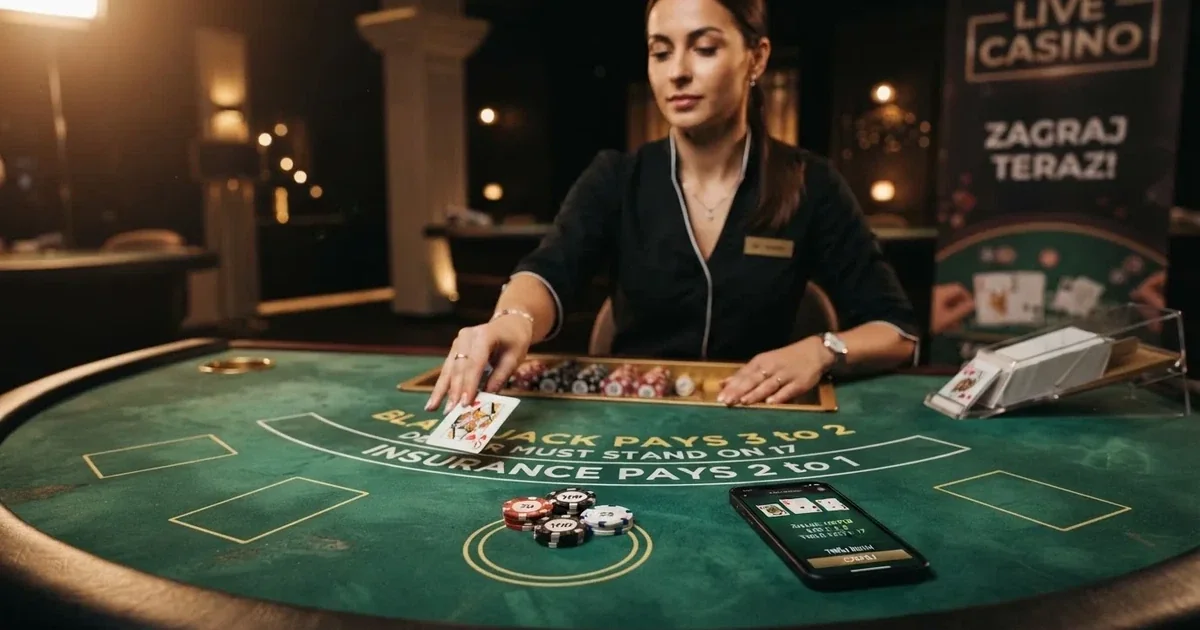 Krupier rozdający karty przy stole blackjacka na żywo w kasynie online