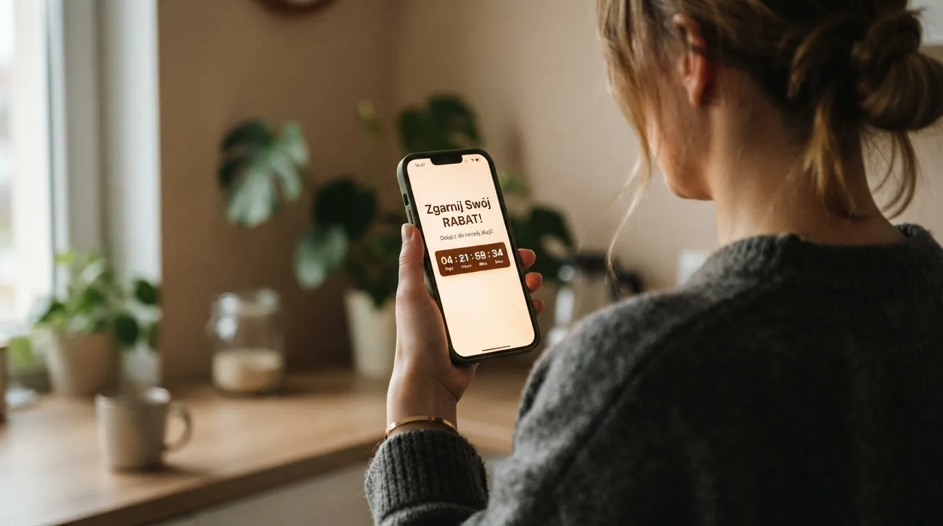 Zbliżenie na telefon z listą warunków promocji i licznikiem odliczającym dni do końca oferty