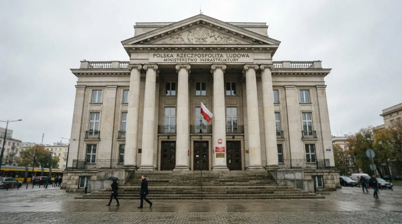 Fasada budynku instytucji państwowej z flagą Polski, symbol nadzoru regulatora nad rynkiem gier hazardowych