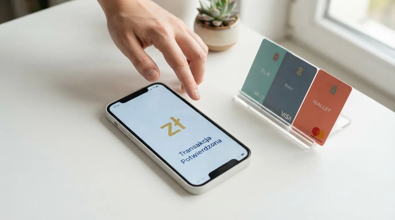 Ikony popularnych elektronicznych portfeli płatniczych obok telefonu z otwartą aplikacją bankową