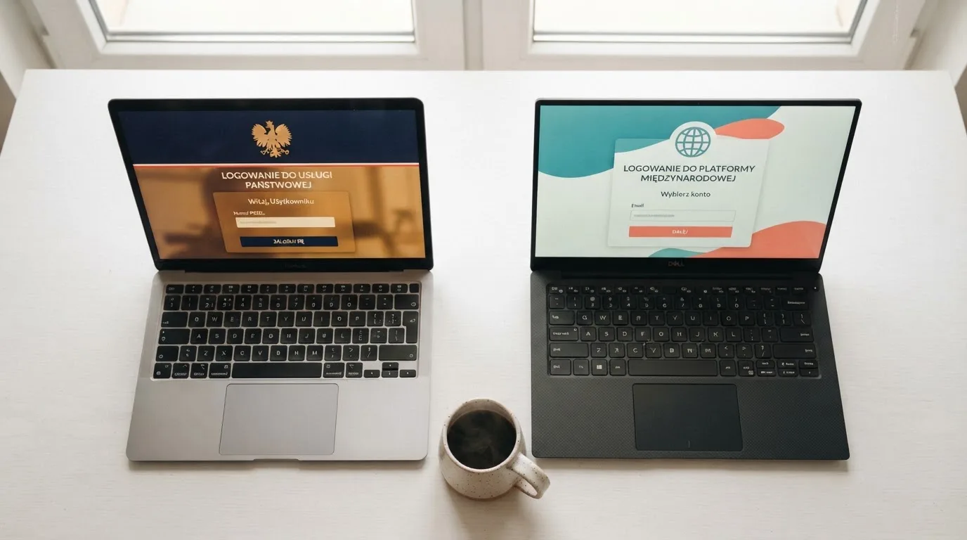 Dwa ekrany logowania kasyna online obok siebie na biurku, jeden z polskim interfejsem złotówkowym, symbolizujące porównanie dwóch różnych serwisów