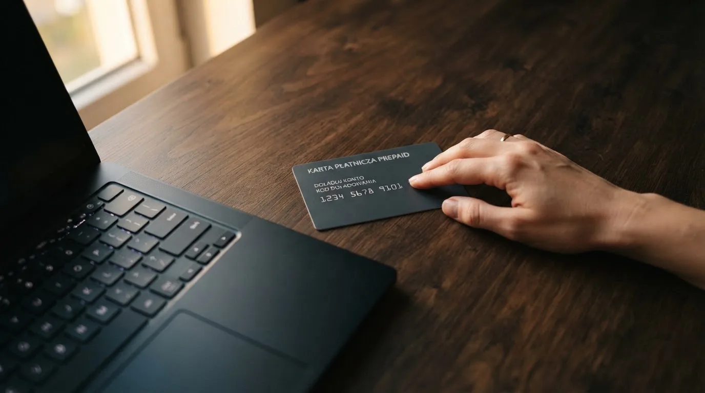Karta przedpłacona Paysafecard z zasłoniętym polem kodu PIN obok klawiatury laptopa