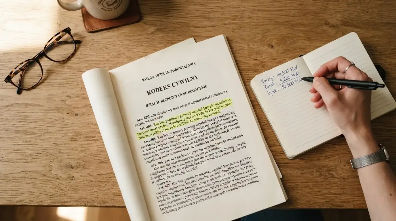 Wydruk kodeksu karnego skarbowego z zakreślonym artykułem obok kalkulatora i długopisu na biurku