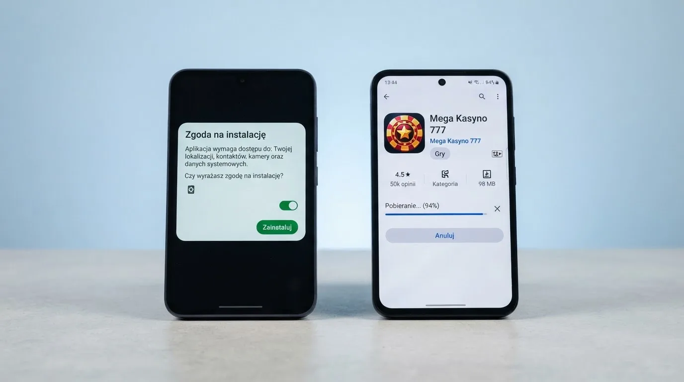 Dwa telefony obok siebie: na jednym komunikat zgody na instalację pliku APK z nieznanego źródła, na drugim strona aplikacji w sklepie z przyciskiem pobierania
