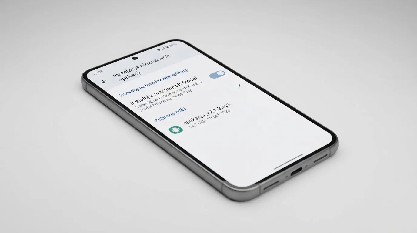 Ekran ustawień Androida z przełącznikiem zgody na instalację aplikacji z nieznanego źródła i pobranym plikiem instalacyjnym na liście