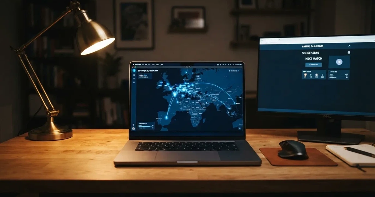 Laptop na biurku z włączoną aplikacją VPN i mapą serwerów w kilku krajach obok otwartej przeglądarki