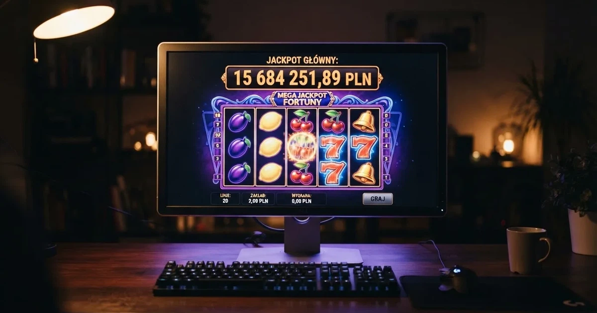Ekran automatu online z rosnącym licznikiem puli jackpota nad bębnami