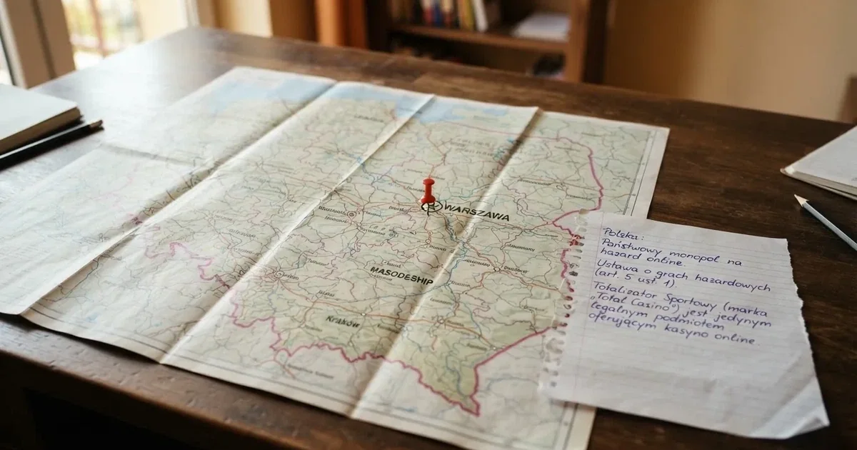 Mapa Polski rozłożona na biurku z jedną czerwoną pinezką wbitą w Warszawę i kartką z odręcznym dopiskiem o monopolu państwa