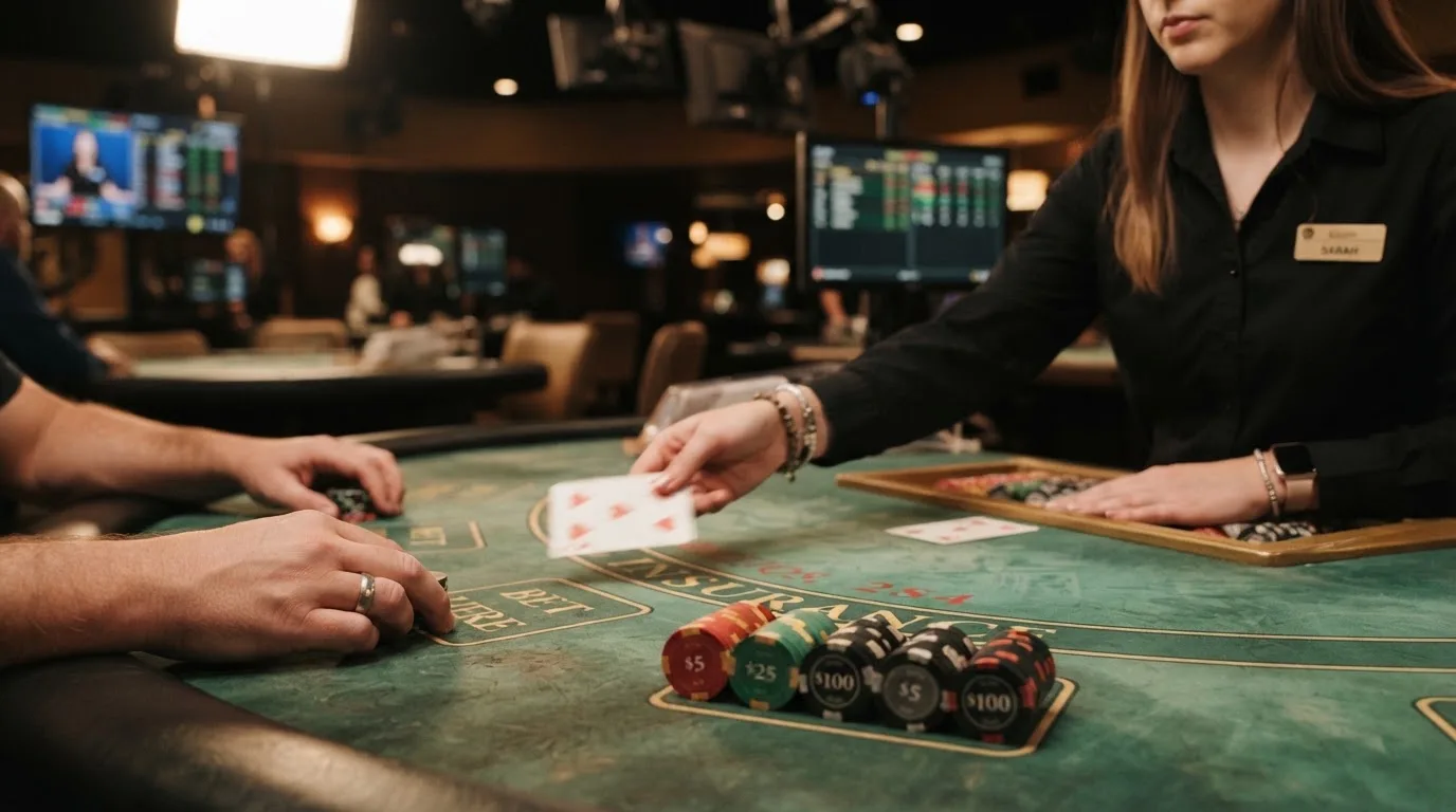 Krupier rozdający karty przy stole blackjacka podczas transmisji na żywo