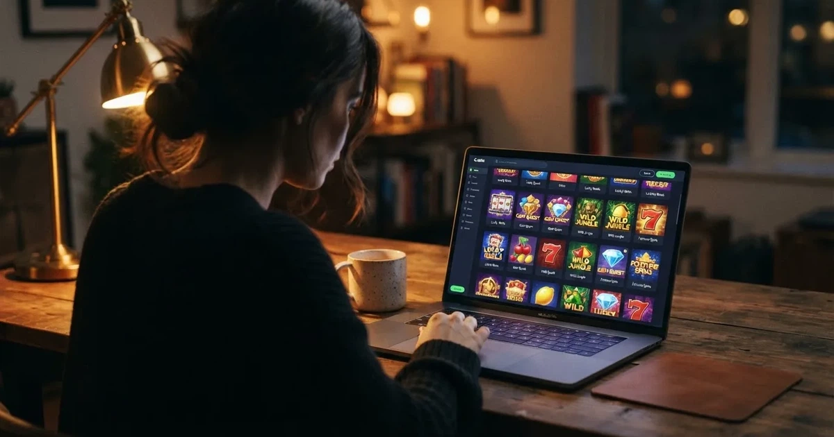 widok lobby wirtualnego kasyna na ekranie laptopa z rzędami ikon gier automatów