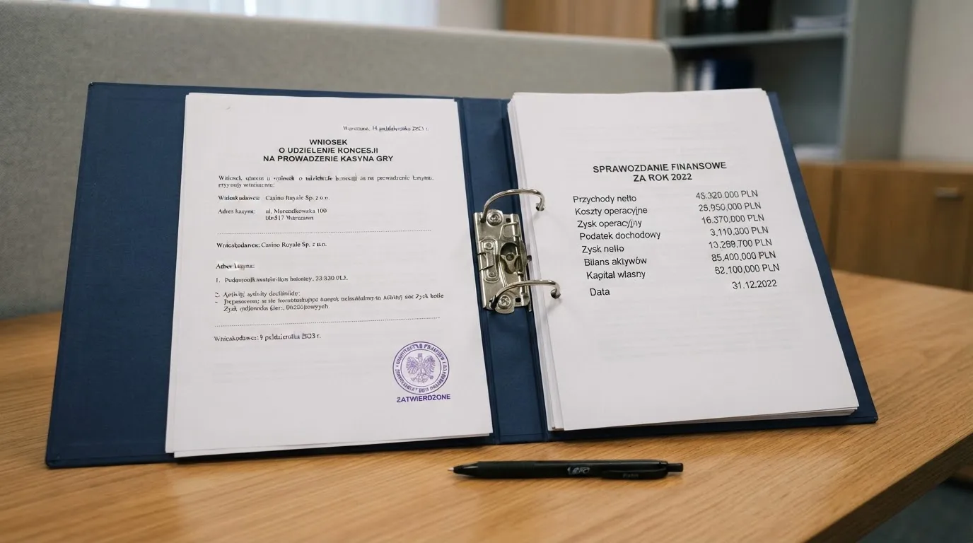 Segregator z wnioskiem o koncesję na kasyno gry, wydrukiem sprawozdania finansowego i urzędową pieczątką leżący na biurku
