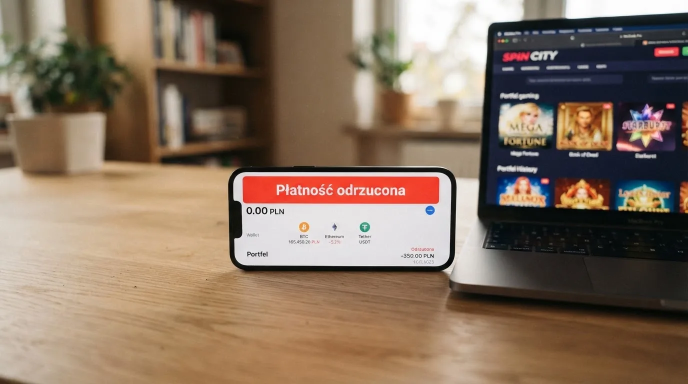 Smartfon z otwartym portfelem kryptowalut i komunikatem o odrzuconej płatności leżący obok laptopa