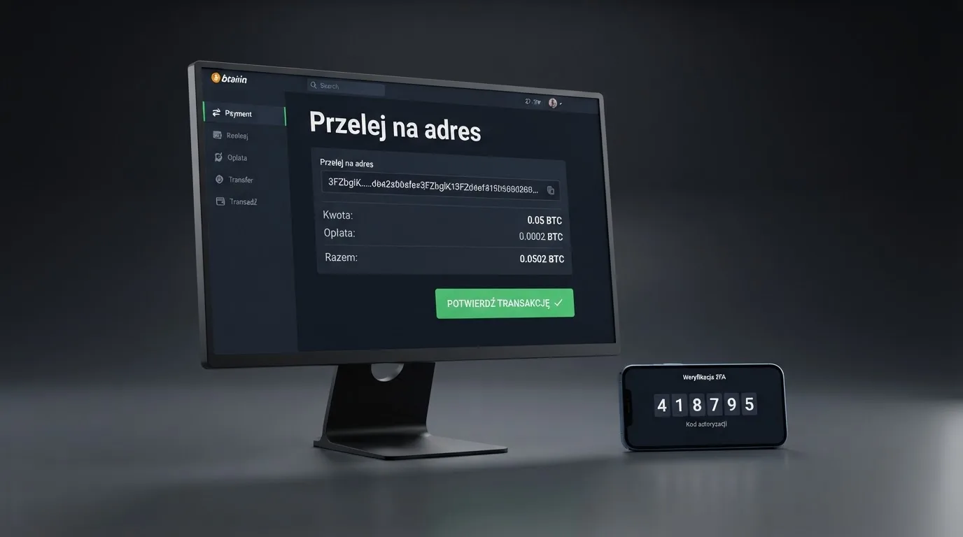 Ekran komputera z aplikacją giełdy i oknem przelewu na adres portfela, obok telefon z kodem uwierzytelniania
