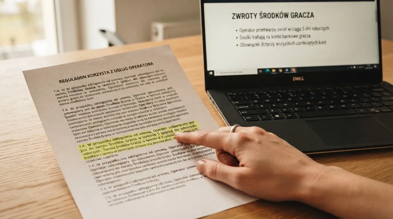 Dokument regulaminu operatora kasyna online rozłożony obok laptopa z otwartą stroną warunków gry