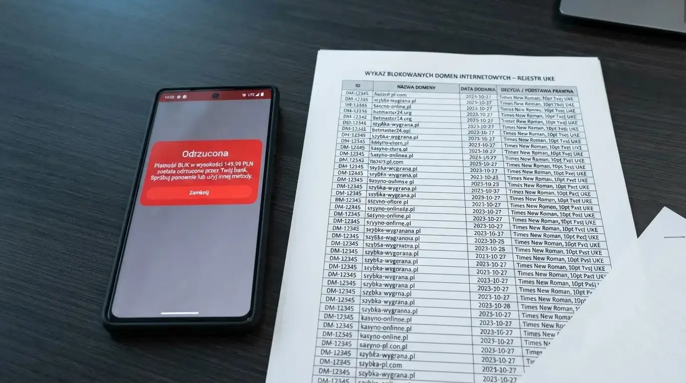 Telefon z komunikatem o odrzuconej płatności na ekranie, obok wydruk tabeli z listą zablokowanych adresów stron