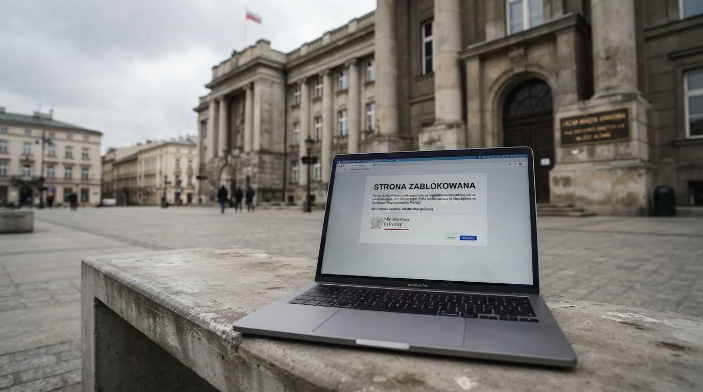 Budynek urzędu z tablicą ministerstwa, na pierwszym planie laptop z komunikatem o zablokowanej stronie kasyna