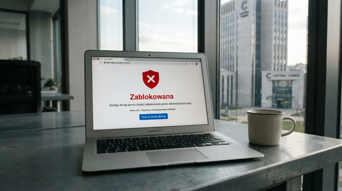 Laptop z komunikatem o zablokowanej stronie hazardowej, w tle budynek urzędu z tablicą ministerstwa