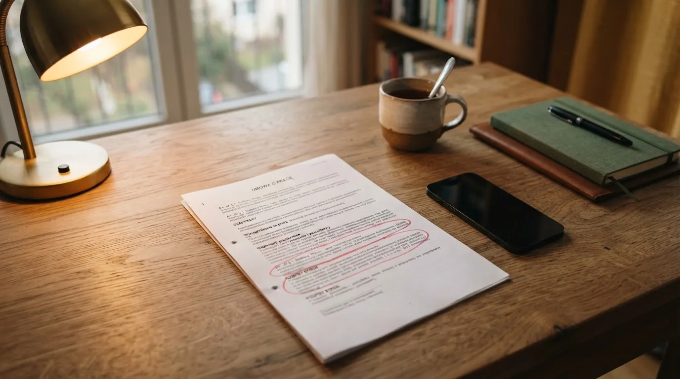 Wydruk ustawy o grach hazardowych z zakreślonymi artykułami leżący na biurku obok wyłączonego smartfona