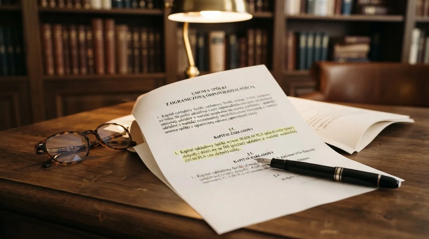 Wydrukowany tekst ustawy o grach hazardowych otwarty na artykule 5, obok okularów i długopisu na biurku