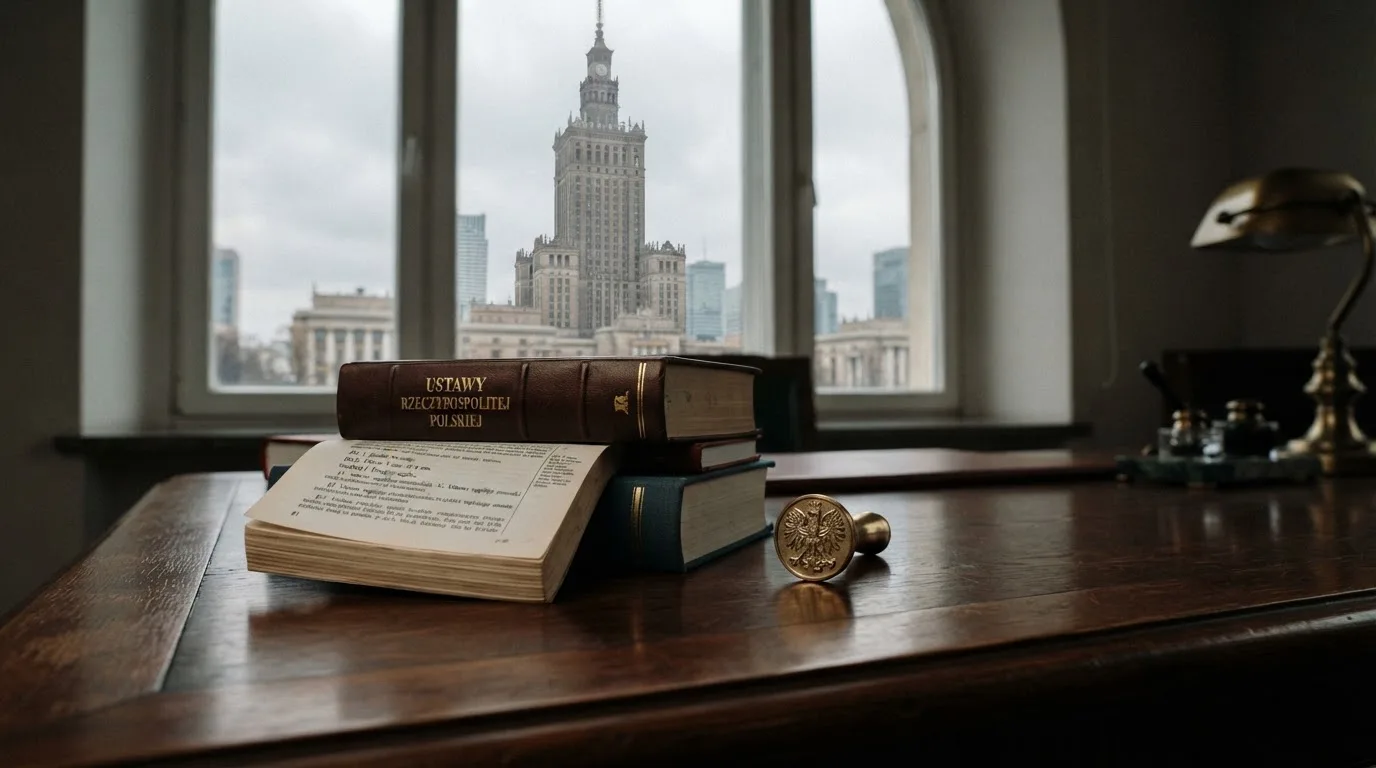 Stos dokumentów urzędowych i pieczęć na biurku, w tle sylwetka budynku administracji publicznej