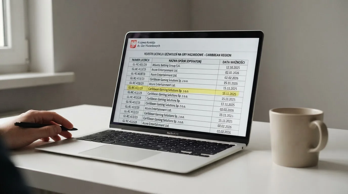 Ekran laptopa z otwartym rejestrem licencji regulatora z Curaçao, w którym jeden wiersz zaznaczono żółtym podświetleniem