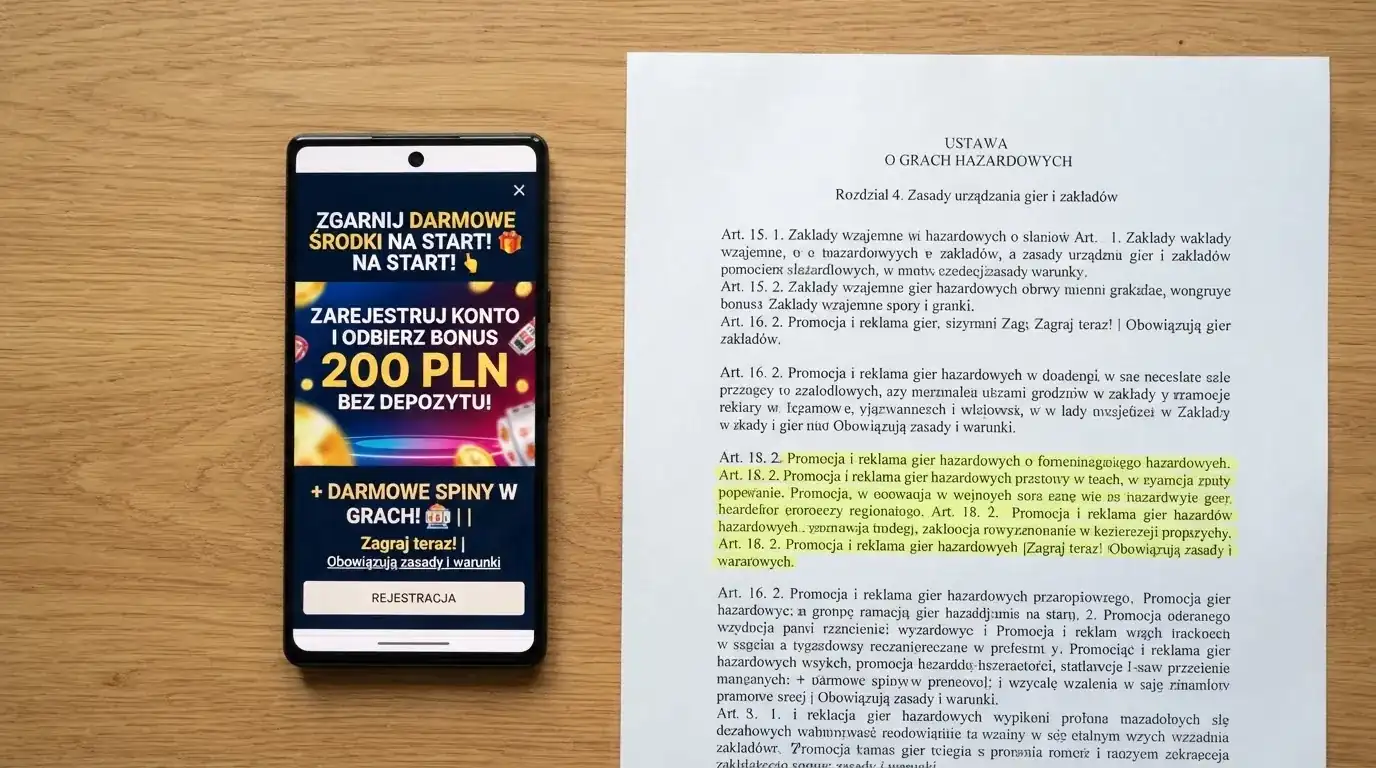 Telefon z banerem obiecującym darmowe złotówki za założenie konta, obok wydrukowany tekst ustawy o grach hazardowych z zaznaczonym artykułem