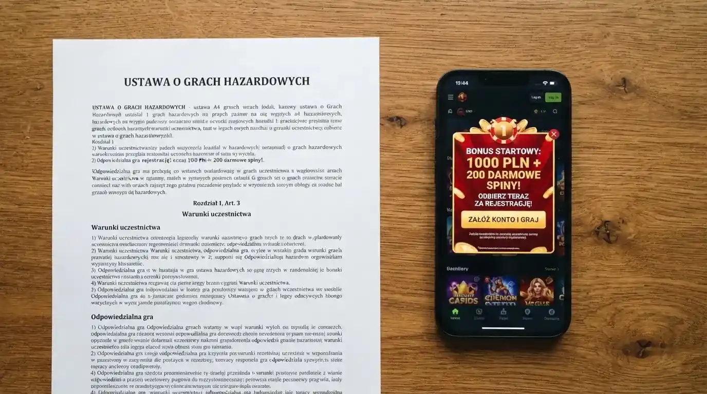 Telefon z wyskakującym banerem obiecującym darmowe złotówki za rejestrację, obok wydruk ustawy o grach hazardowych