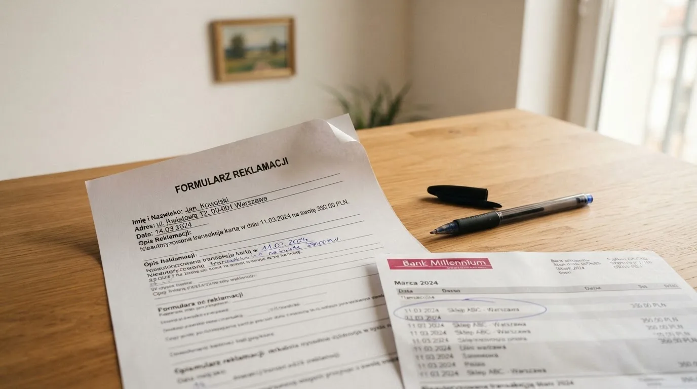Wydrukowany formularz reklamacji leżący na biurku obok długopisu i wyciągu bankowego z zakreśloną pozycją
