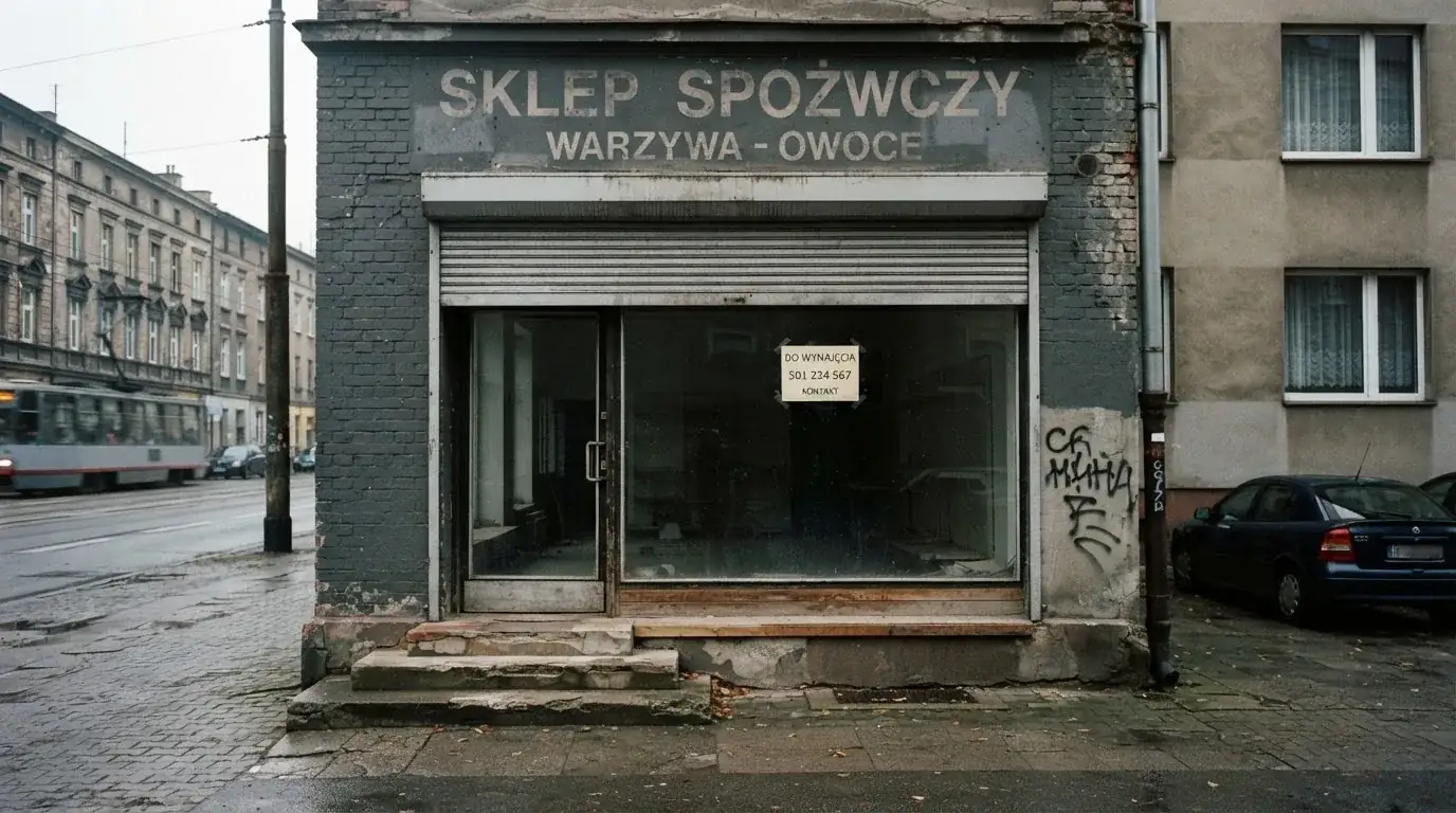 Pusty, zamknięty lokal handlowy z tabliczką „do wynajęcia”, symbolizujący brak działających salonów gry bingo pieniężne