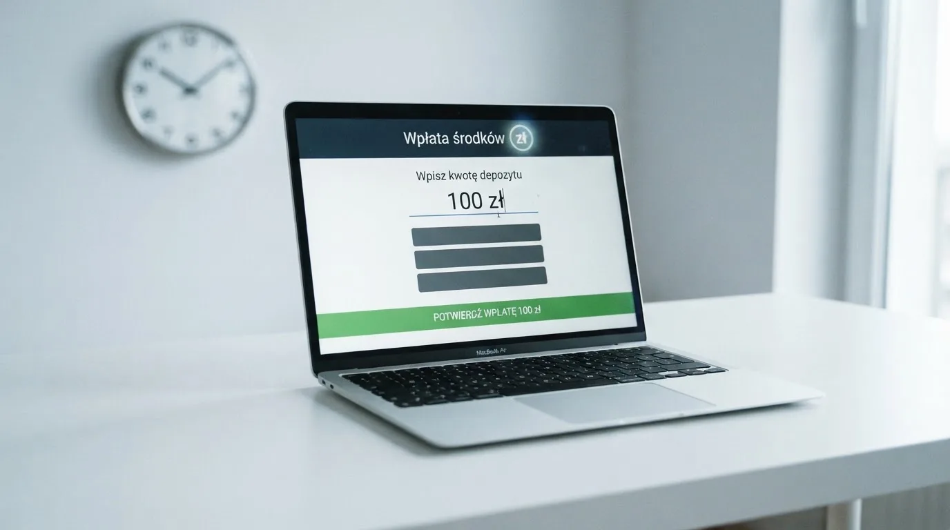 Laptop z oknem wpłaty na ePortfel, wpisana kwota 100 zł i lista metod: BLIK, karta płatnicza, szybki przelew