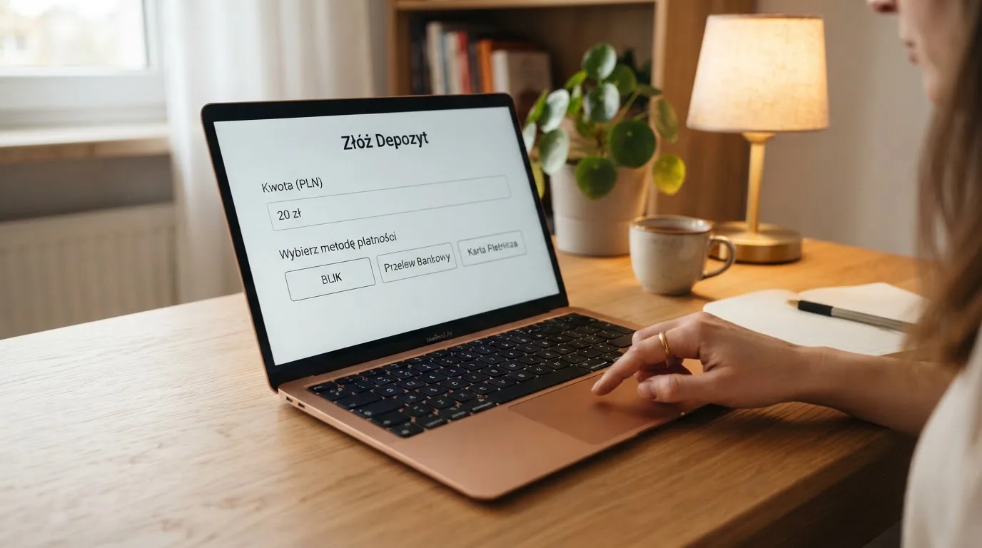 Laptop z otwartym formularzem wpłaty na kwotę 20 zł i wyborem między szybkim przelewem, kartą płatniczą a BLIK-iem